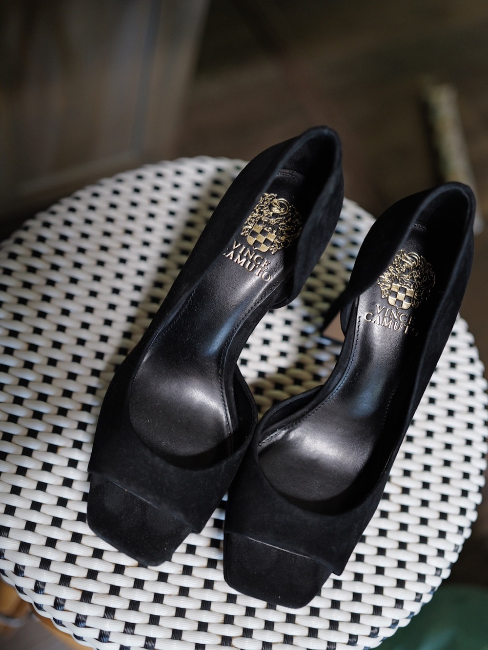 Vince Camuto “Bryanna” Black Suede Peep Toe Pumps with Gold Logo